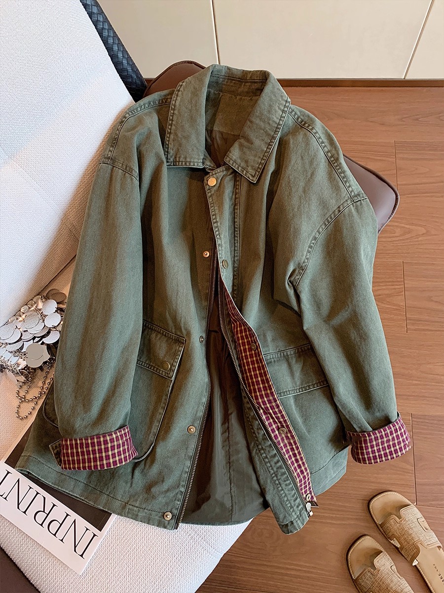 Down Jacket Packable - 빈티지 아미 그린 데님 재킷 여성용
