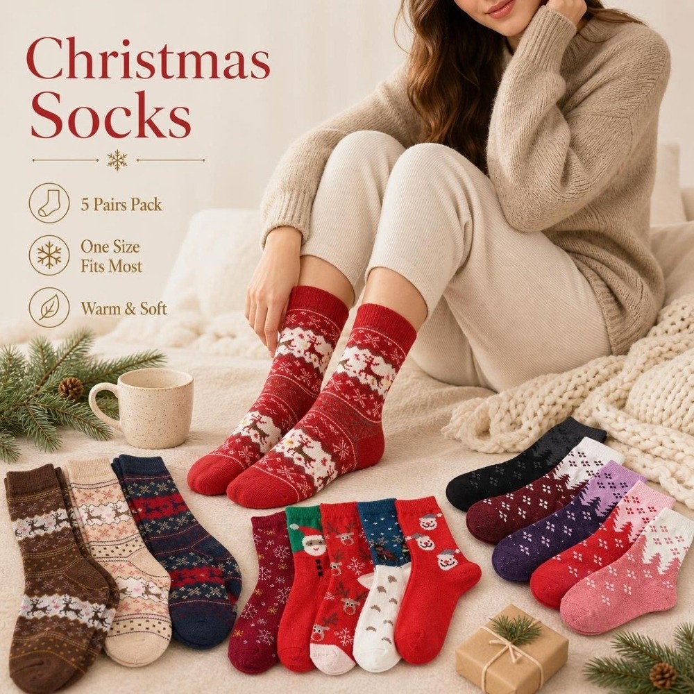 Thermal Sock Wool - 5켤레 두꺼운 크리스마스 순록 양말 부드럽고